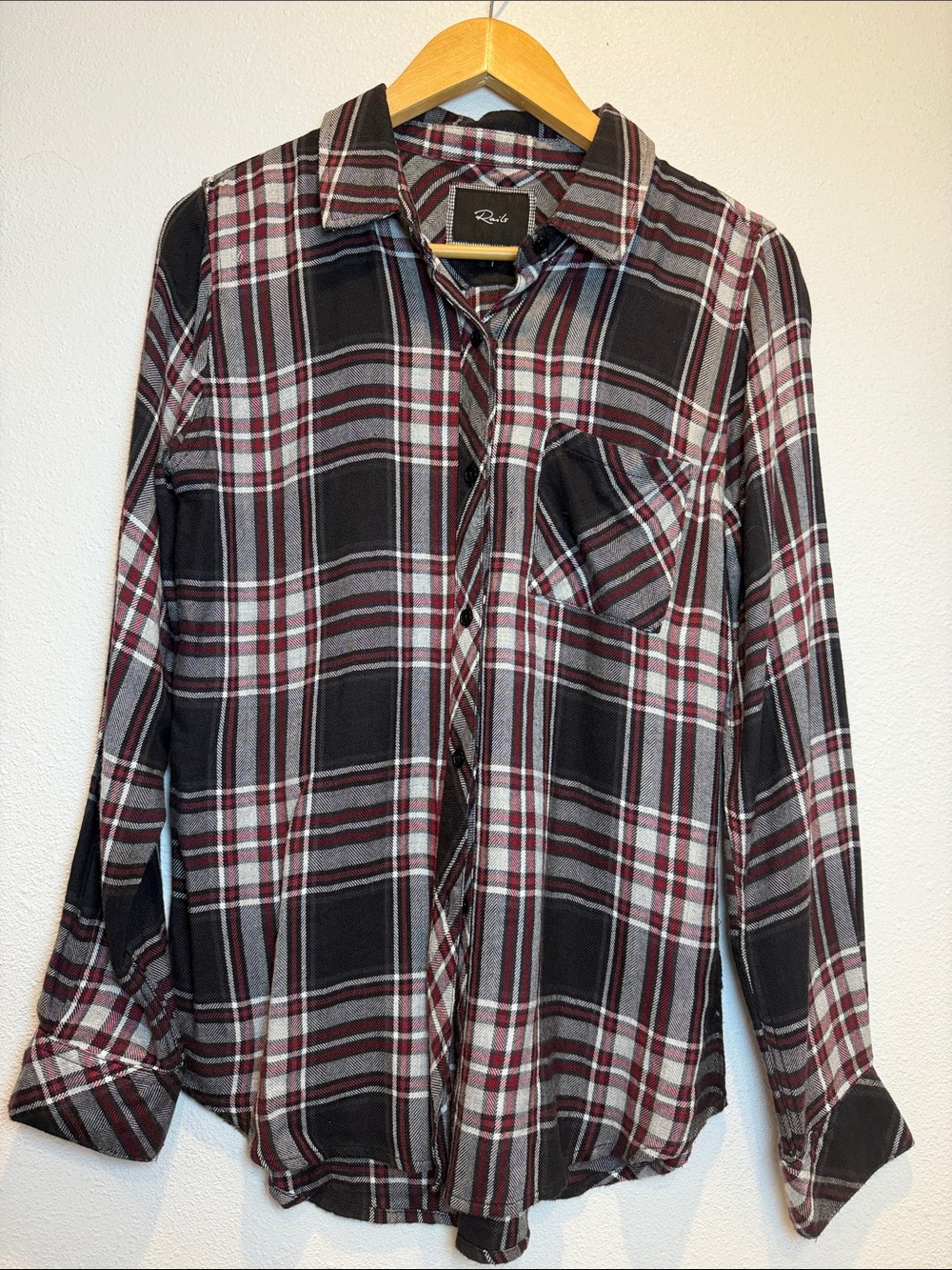 Rails Woman’s Hunter Plaid  Button-Up Shirt - Black & Burgundy XS